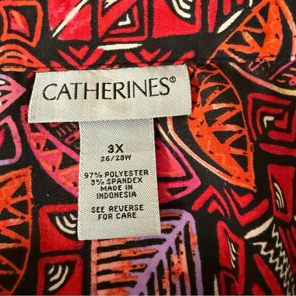Catherines Top Shirt Womens Size 3X Red Button Up Roll Tab Sleeve Abstract Artsy - Picture 9 of 12